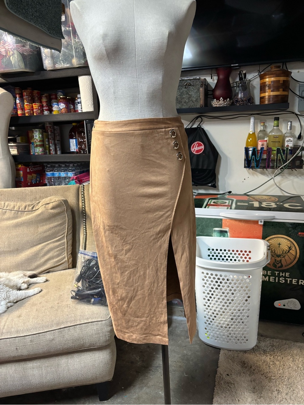 Chic Tan Pencil Skirt with Front Slit and Accent Buttons